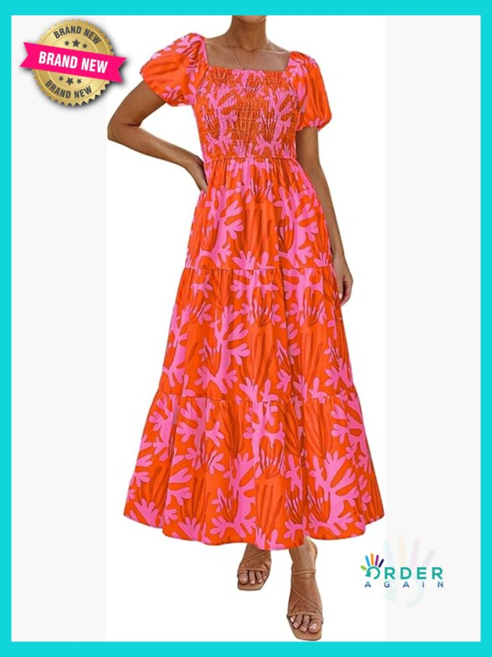 Puff Short Sleeve Maxi Dress Square Neck Smocked Tiered Ruffle A Line Flowy